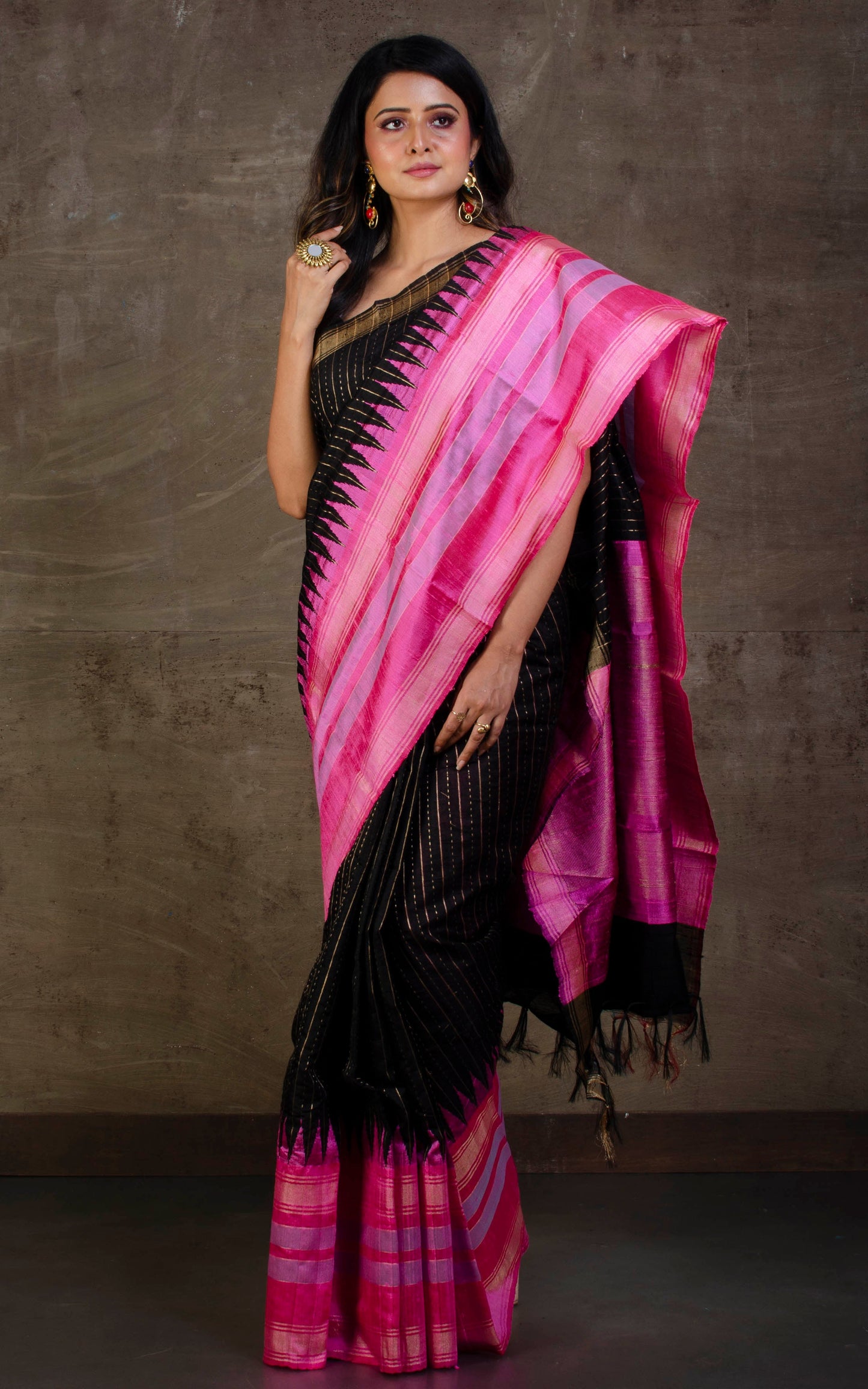 Handwoven Tussar Raw Silk Saree in Black, Pink and Purple