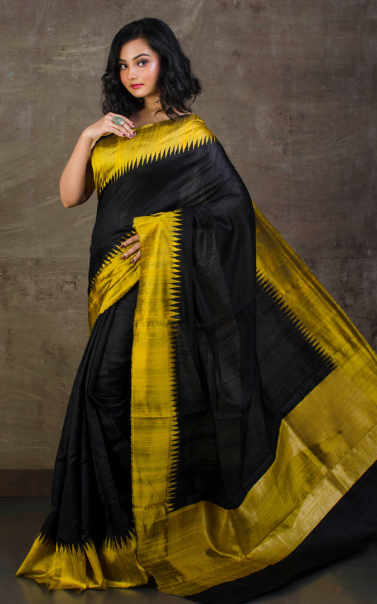 Handwoven Tussar Raw Silk Saree in Black and Golden Yellow with Rich Pallu