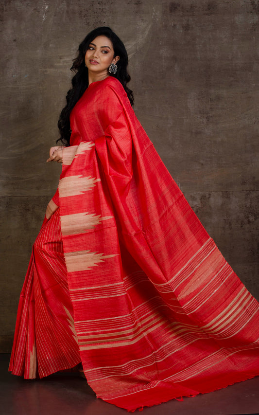 Handwoven Kosa Tussar Silk Saree in Tomato Red and Beige