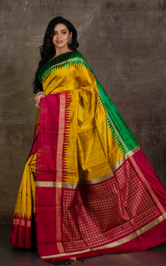 Handwoven Tussar Raw Silk Saree Tuscan Sun, Green and Maroon with Rich Pallu