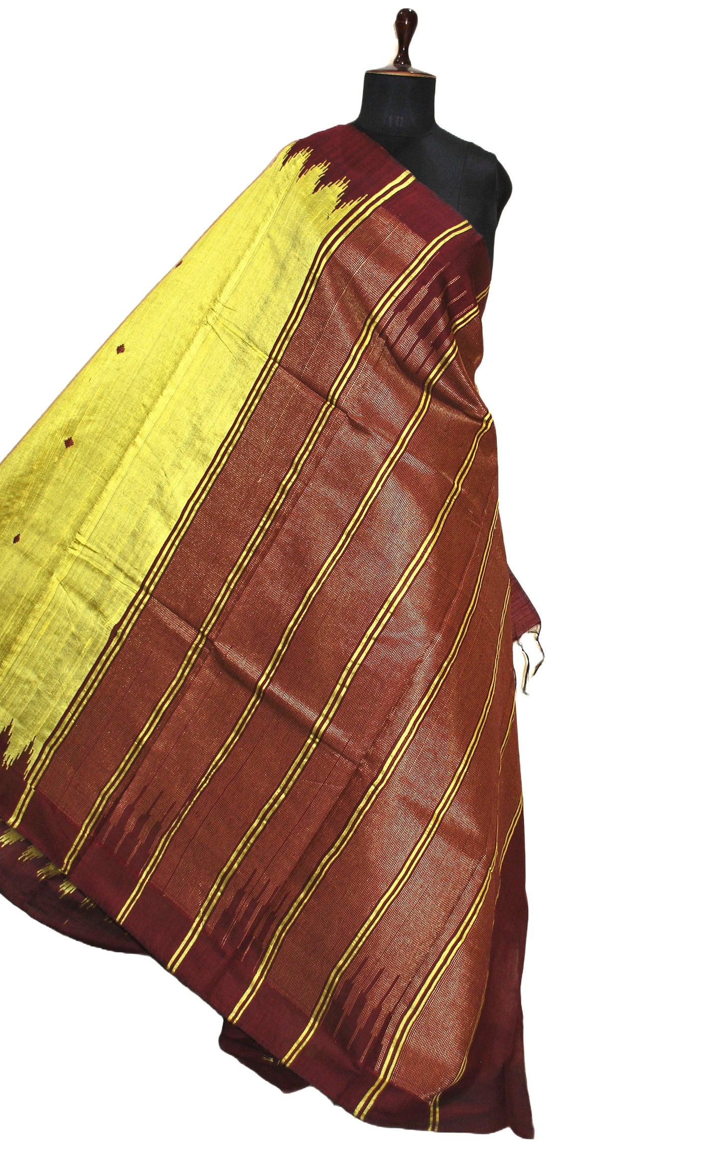 Handwoven Tussar Raw Silk Saree in Titanium Yellow and Garnet with Rich Pallu