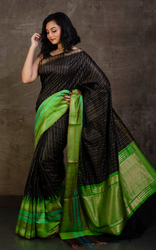 Handwoven Tussar Raw Silk Saree in Black and Paste Green
