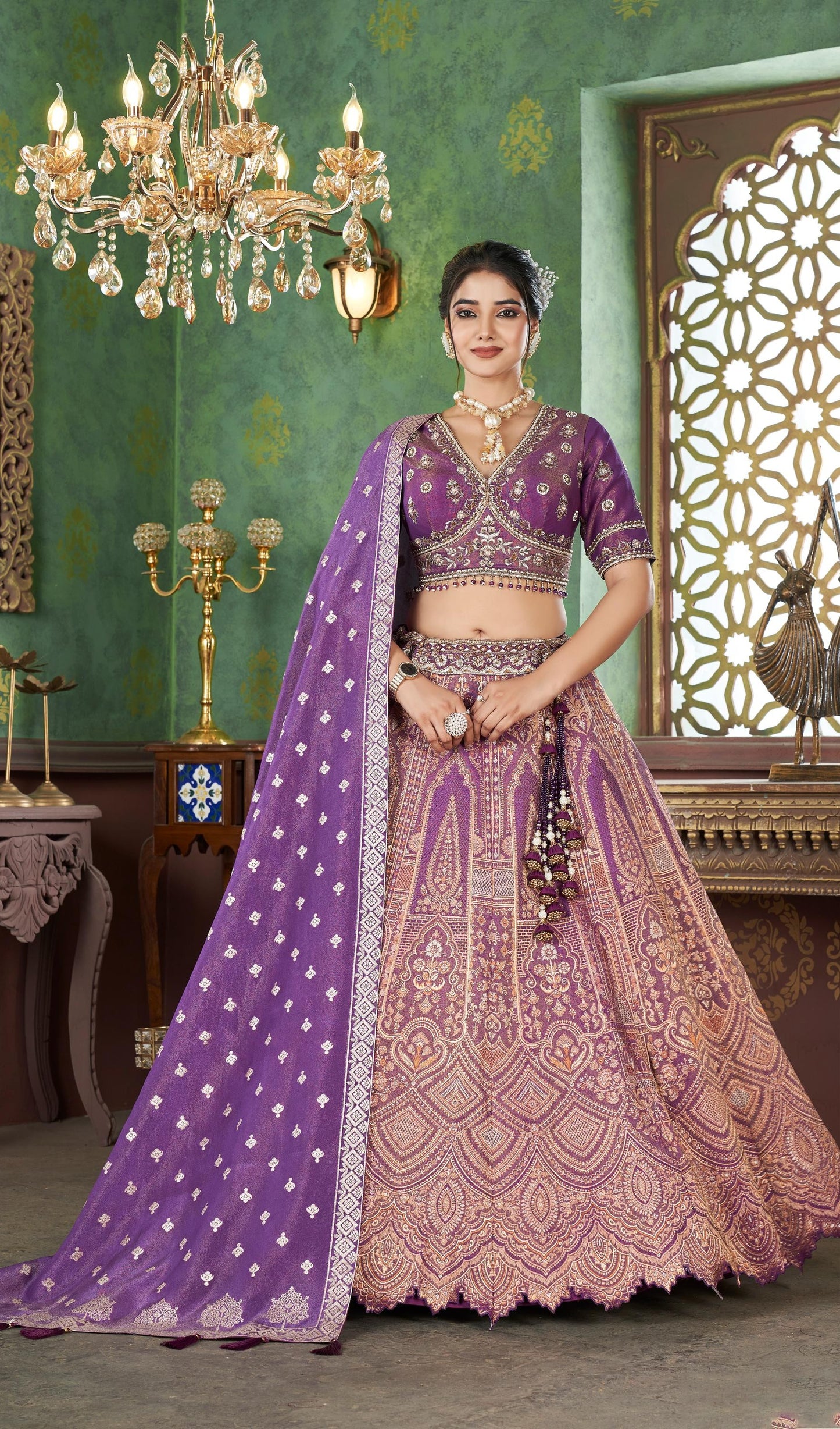 Purple Zari Woven Jacquard Silk Bridesmaid Lehenga