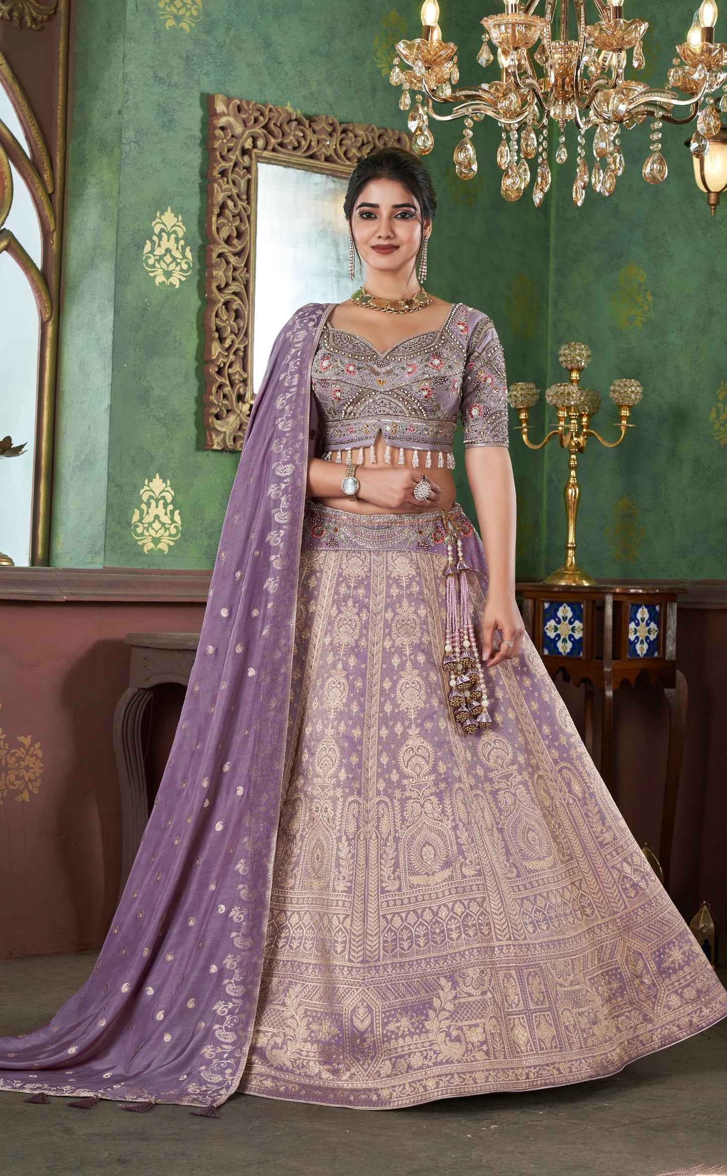Purple Zari Woven Jacquard Silk Engagement Lehenga