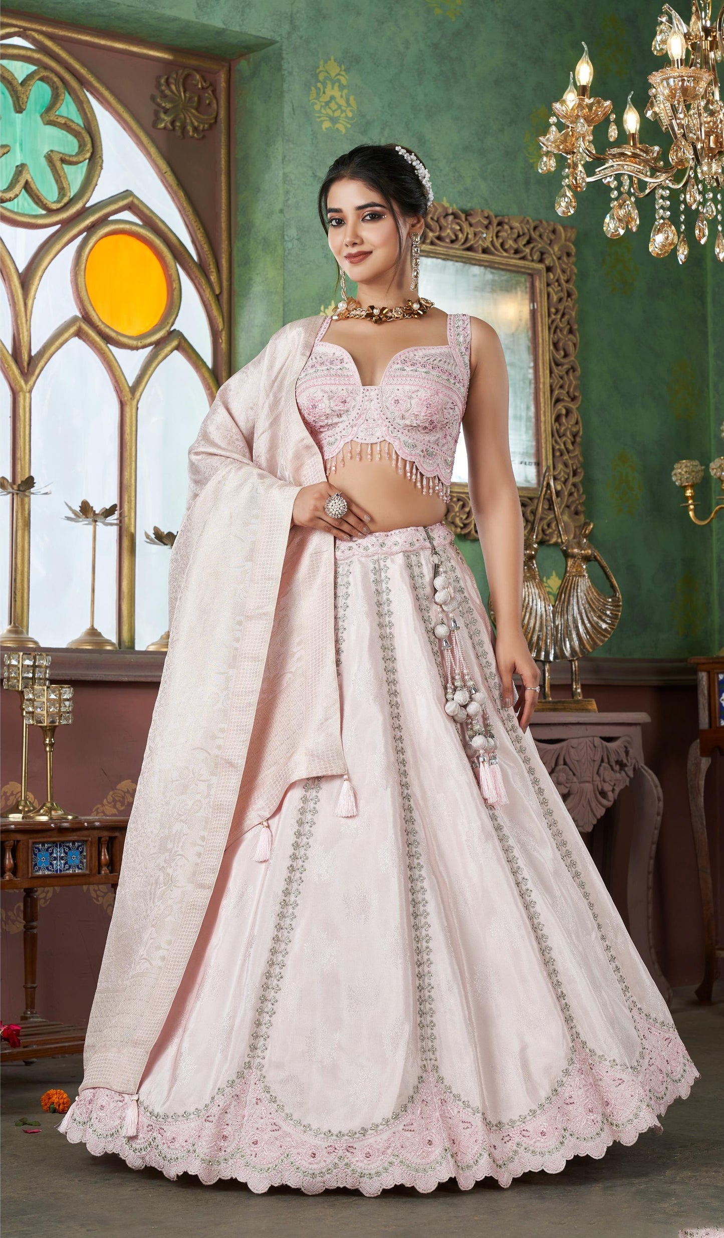 Pastel Pink Zari Woven Jacquard Silk Bridesmaid Lehenga