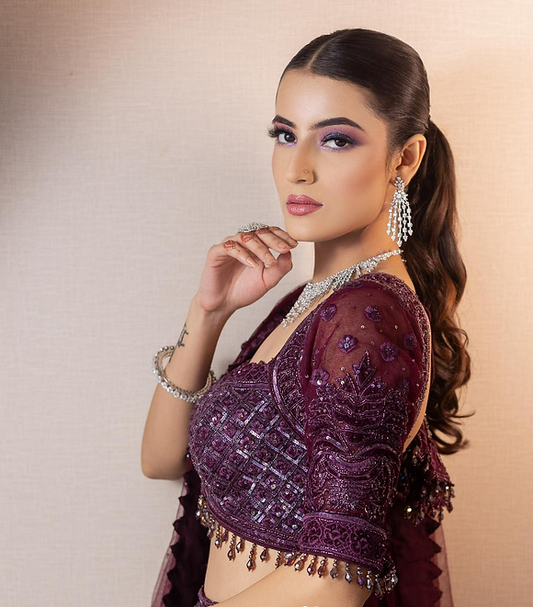 Wine Sequins Embroidery Soft Net Sangeet Lehenga