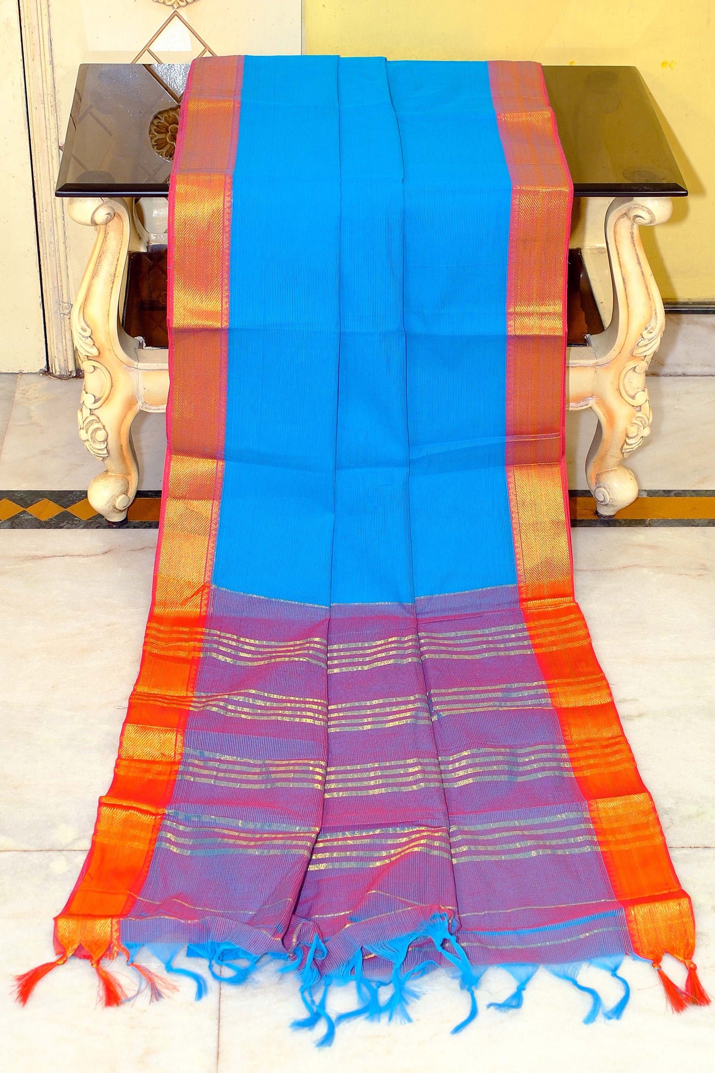Self Woven Stripes Soft South Cotton Jacket Chatai Border Gadwal Saree in Dodger Blue, Purple and Coral Red