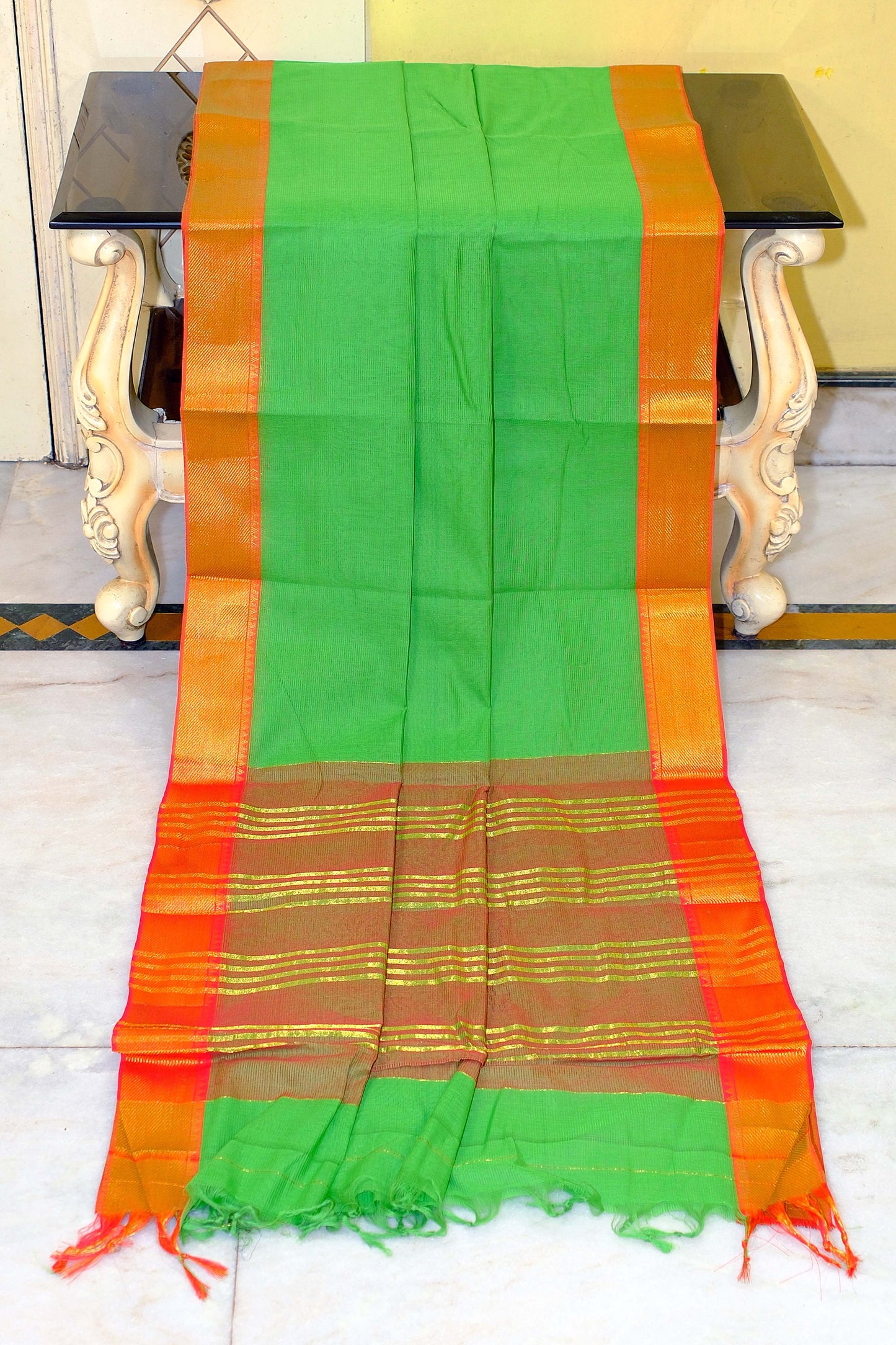 Self Woven Stripes Soft South Cotton Jacket Chatai Border Gadwal Saree in Mantis Green, Reno Sand and Red Orange