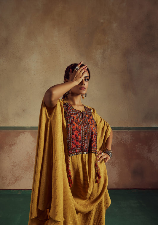 kesari mustard green ayssmetrical cowl cape set Rang