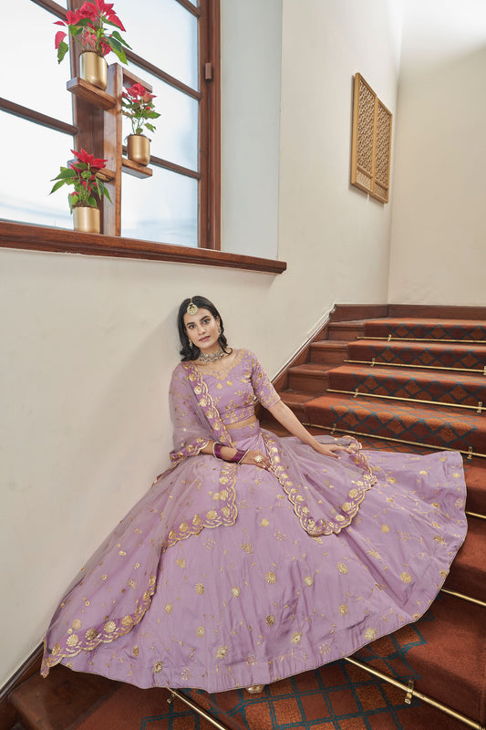 Purple Art Silk Zari Embroidery Lehenga