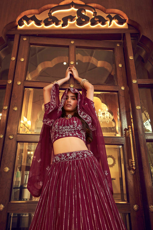 Alluring Royal Wine Sequins Work Lehenga