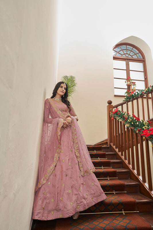 Peach Art Silk Zari Embroidery Lehenga