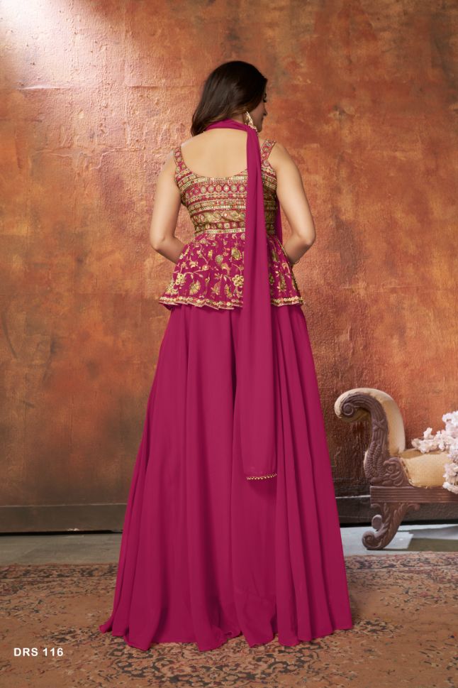 Dark Pink Embroidered Chinnon Silk Peplum Style Suit