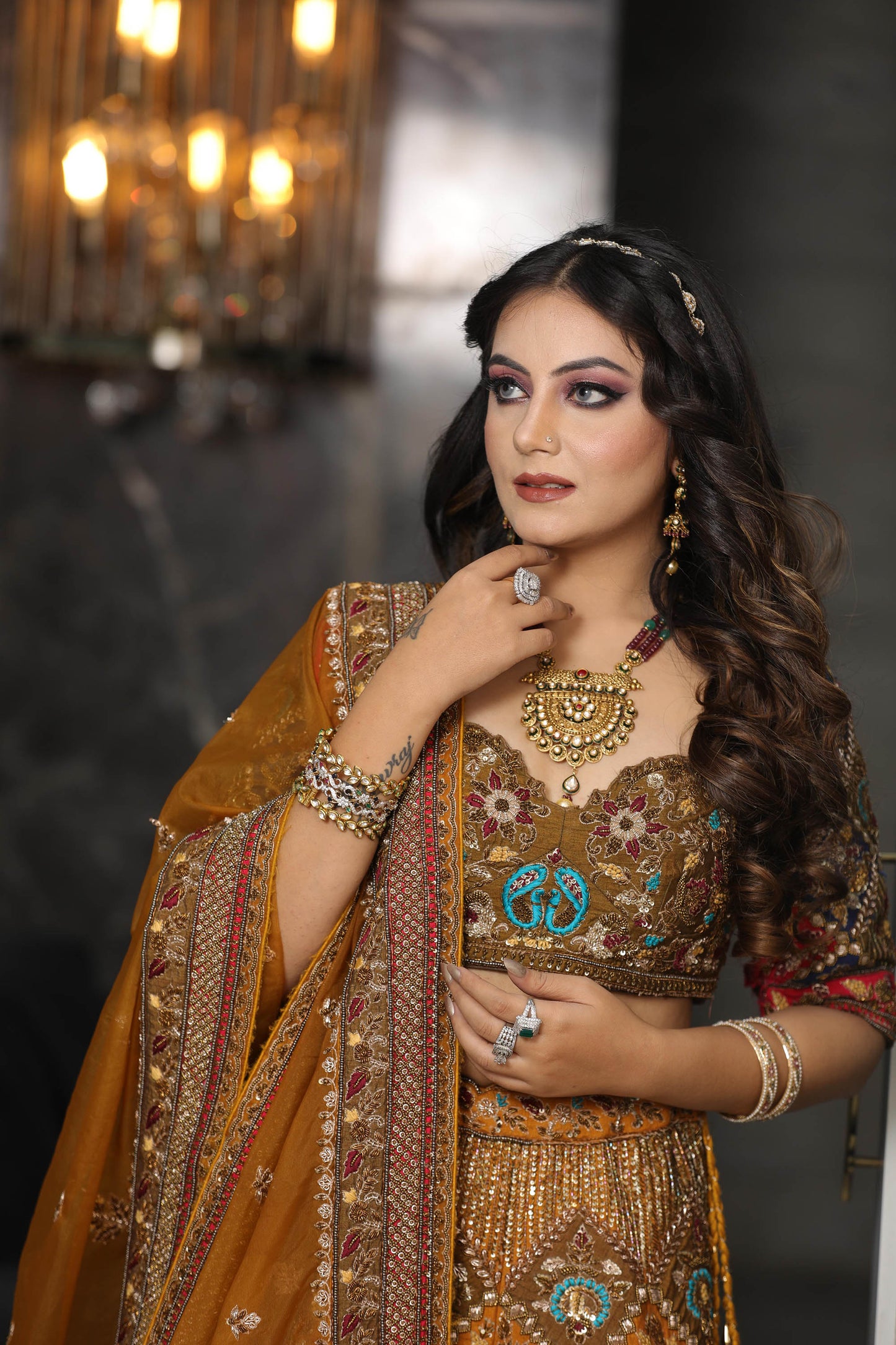 Designer Mustard Raw Silk and Organza Hand Embroidered Bridal Lehenga