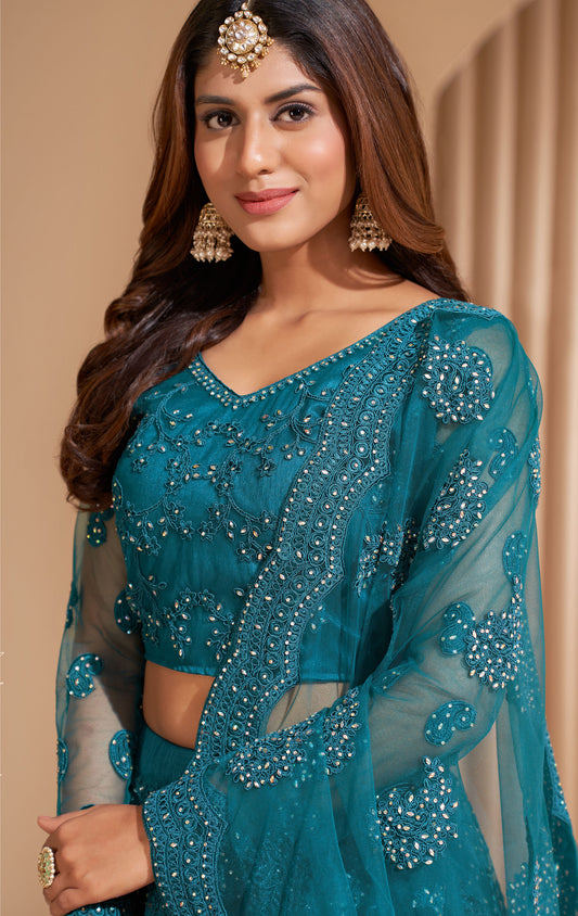 Blue Color Resham Embroidered Net Lehenga