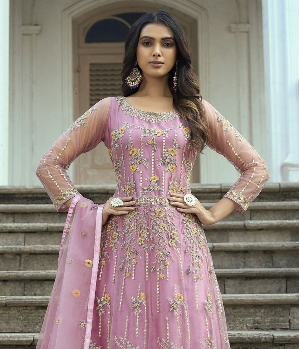 Pink Color Dori Embroidered Net Anarkali