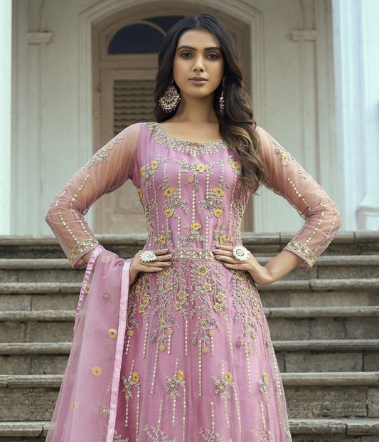 Pink Color Dori Embroidered Net Anarkali