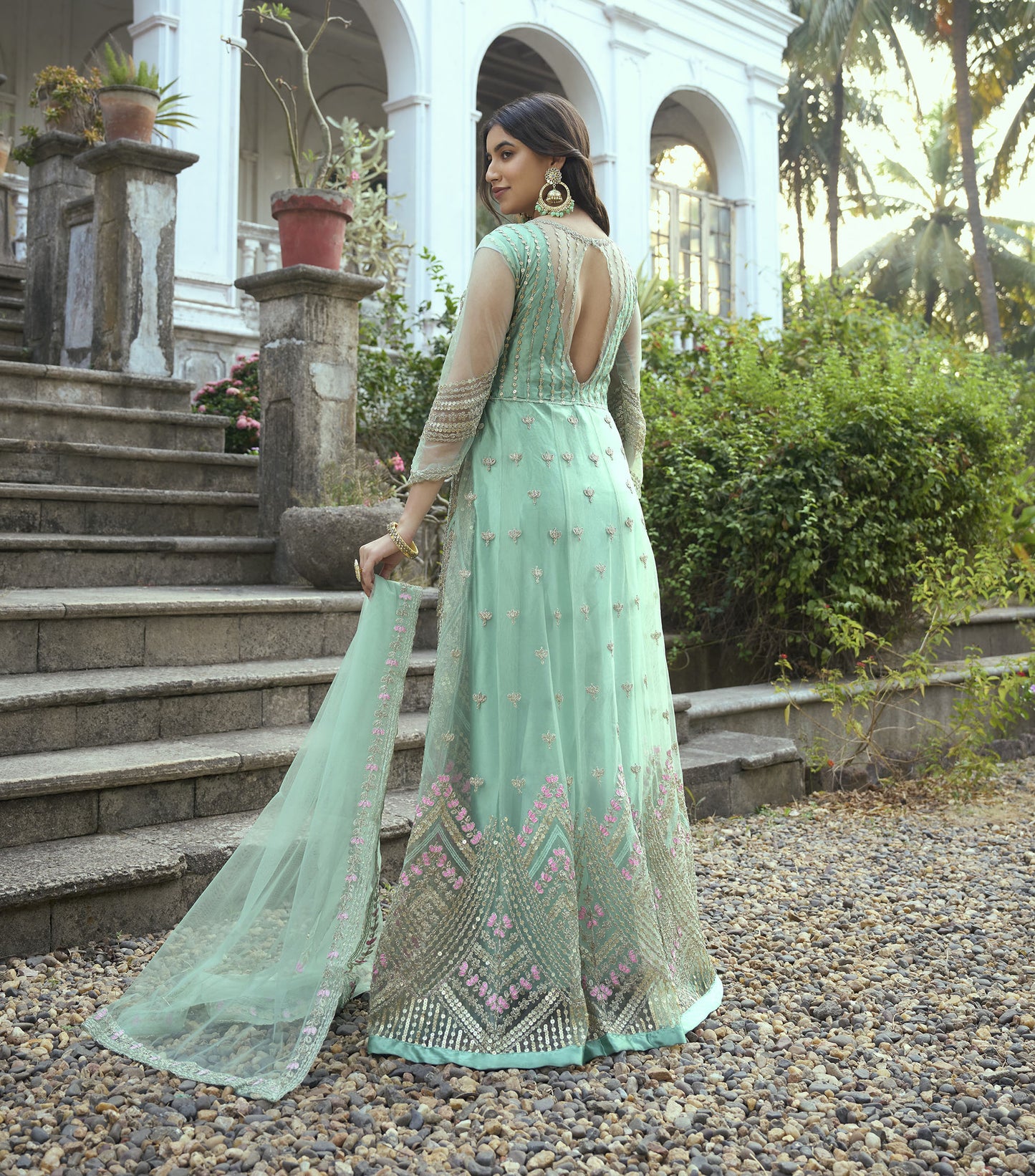 Green Color Dori Embroidered Net Anarkali