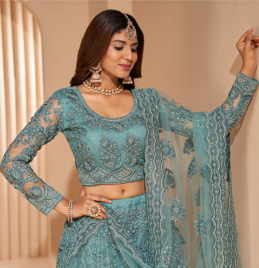 Sky Blue Color Resham Embroidered Net Lehenga