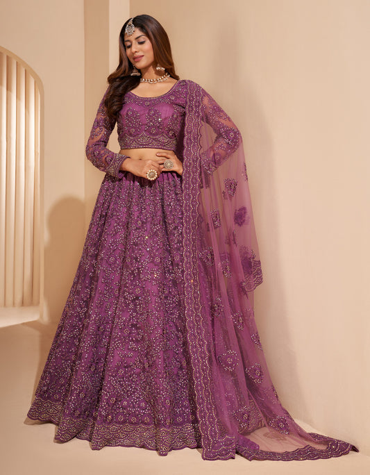 Wine Color Resham Embroidered Net Lehenga