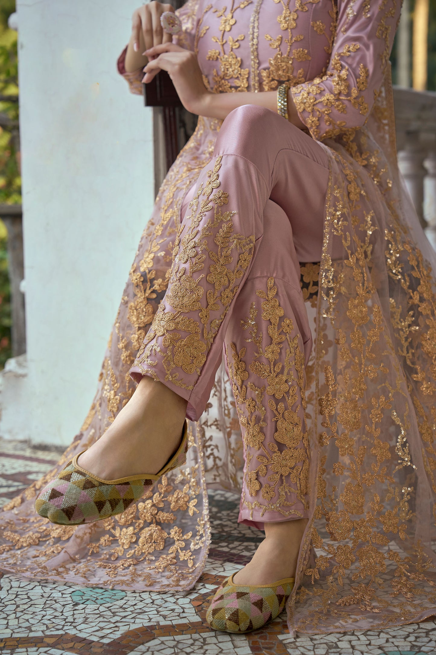Dusty Pink Color Dori Embroidered Net Anarkali
