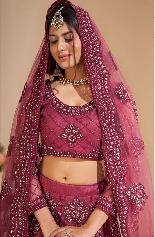 Dark Pink Color Resham Embroidered Net Lehenga