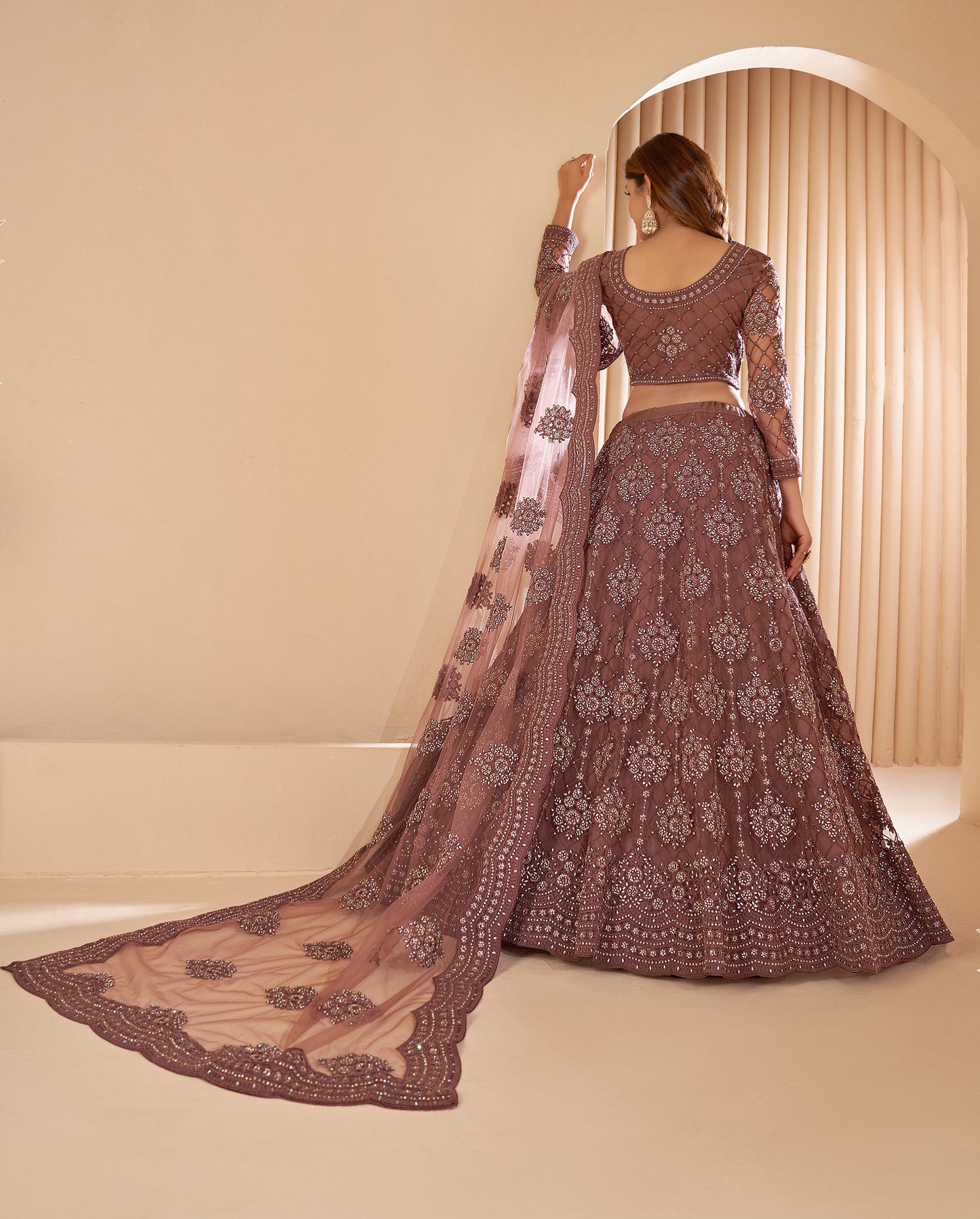 Brown Color Resham Embroidered Net Lehenga