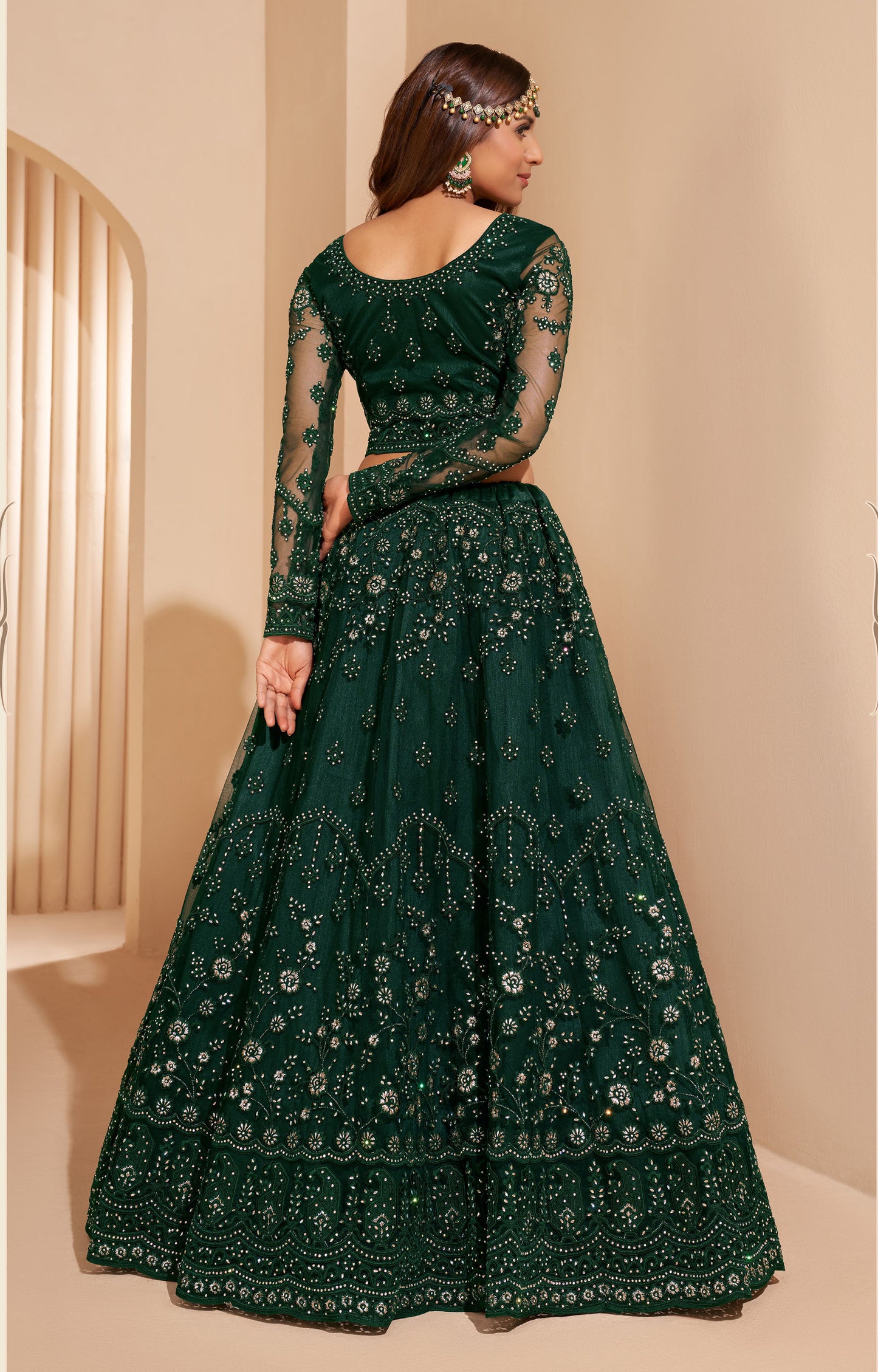 Dark Green Color Resham Embroidered Net Lehenga