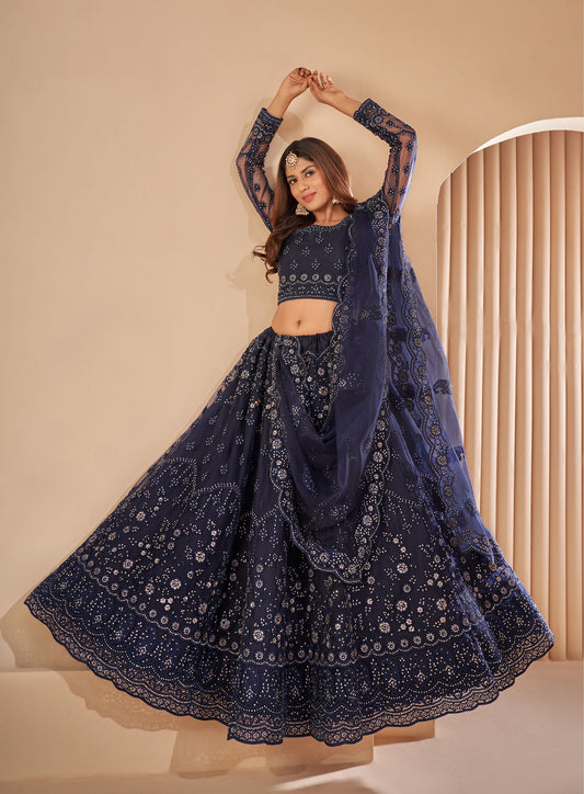Dark Blue Color Resham Embroidered Net Lehenga