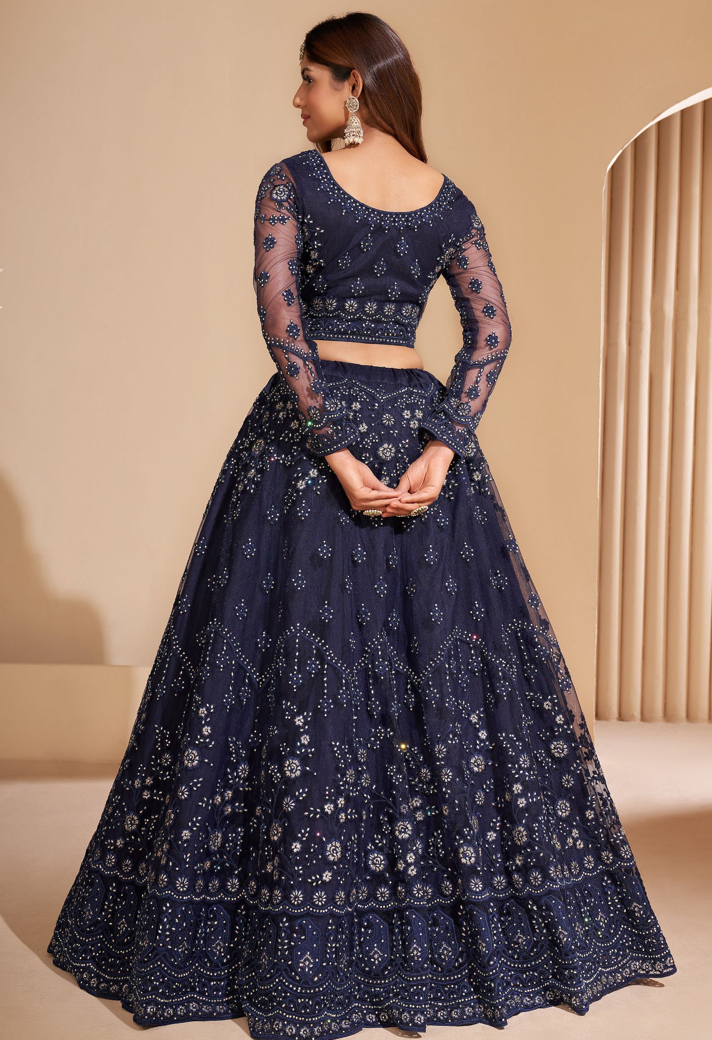Dark Blue Color Resham Embroidered Net Lehenga
