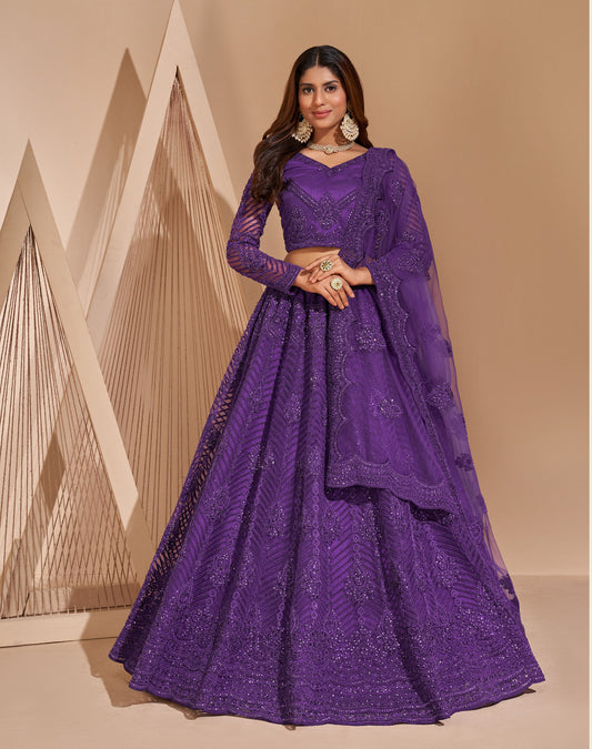 Purple Color Resham Embroidered Net Lehenga