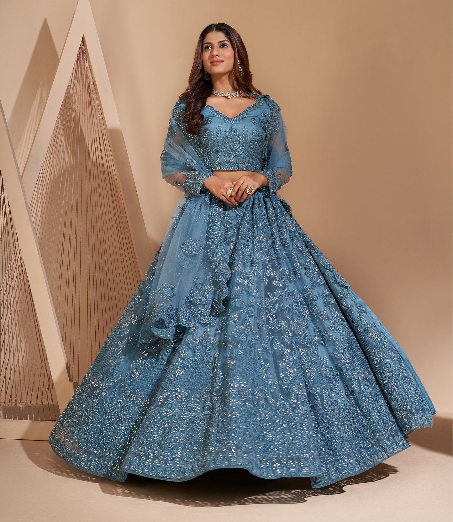 Blue Resham Embroidered Net Lehenga