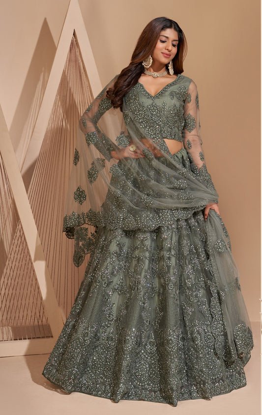 Deep Grey Resham Embroidered Net Lehenga