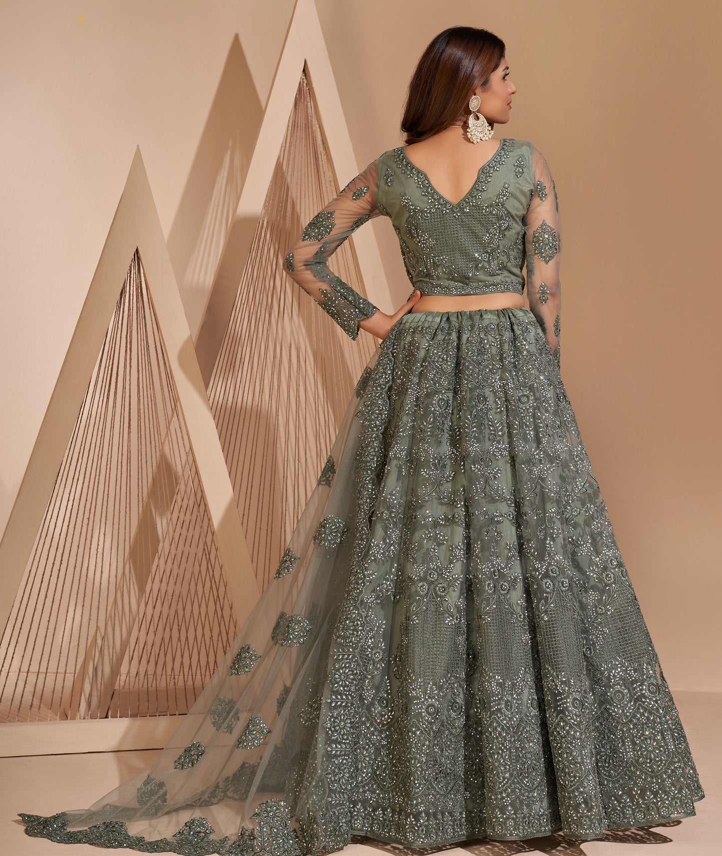 Deep Grey Resham Embroidered Net Lehenga