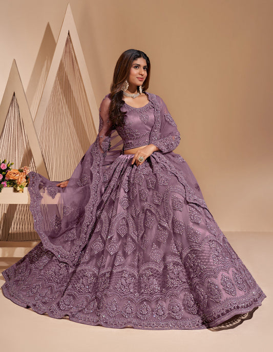 Lilac Color Resham Embroidered Net Lehenga