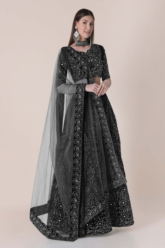 Black Color Embroidered Taffeta Silk Lehenga