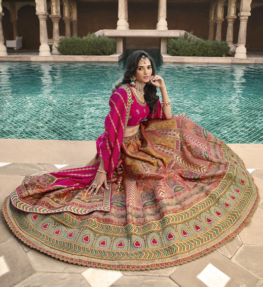Pink and Orange Zari Embroidered Bridal Lehenga