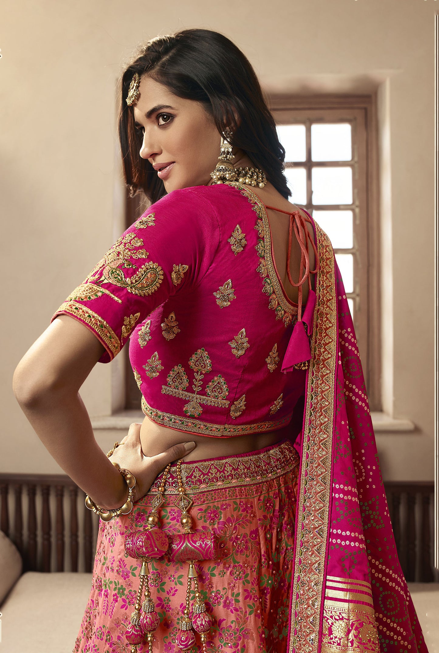 Dark Pink Color Zari Embroidered Bridal Lehenga