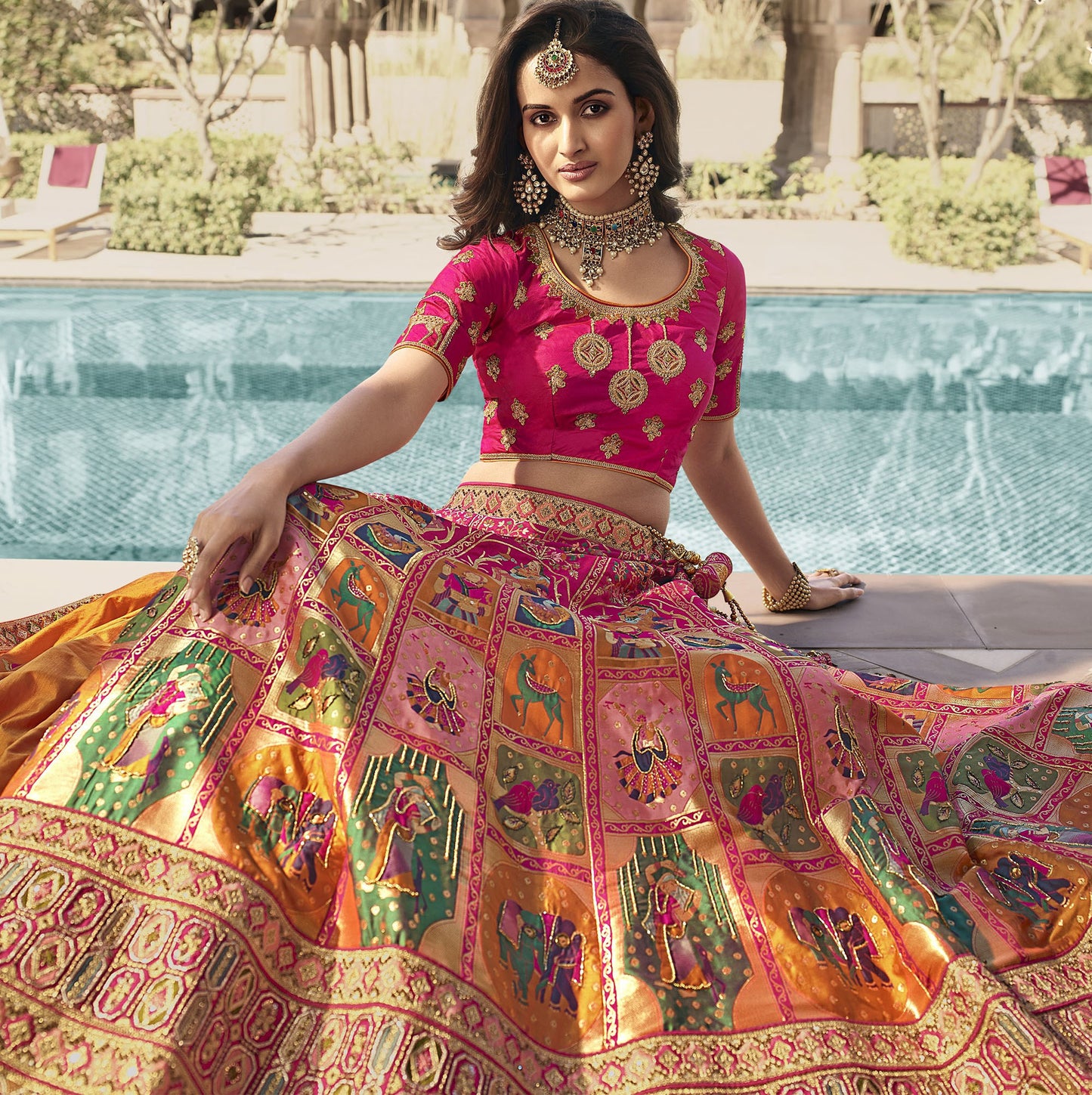 Pink And Orange Embroidery Bridal Lehenga Choli