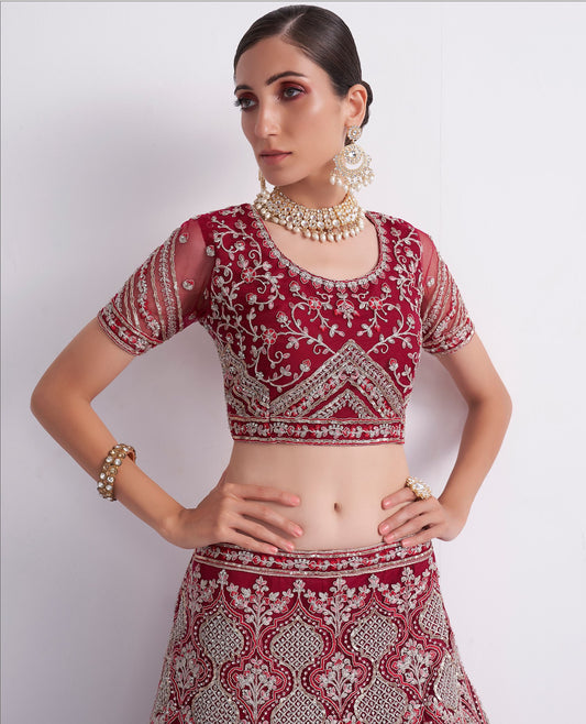 Red Color Embroidered Net Bridal Wear Lehenga Choli