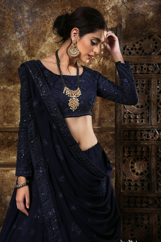 Navy Blue Georgette Resham Embroidery Lehenga