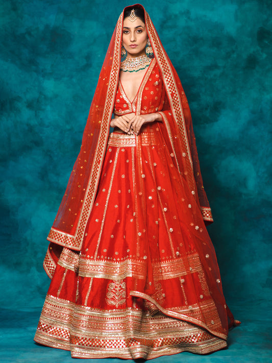 Red Designer Raw Silk Embroidered Bridal Lehenga