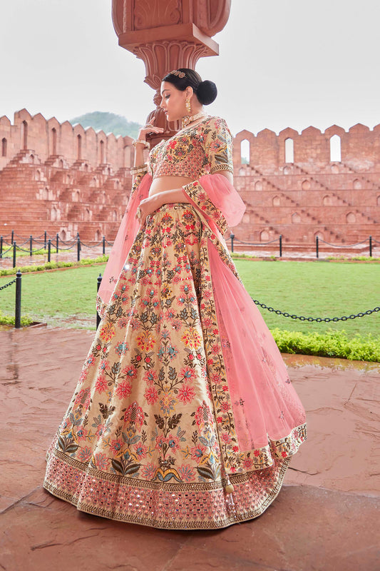 Beige Intricately Silk Embroidered Lehenga