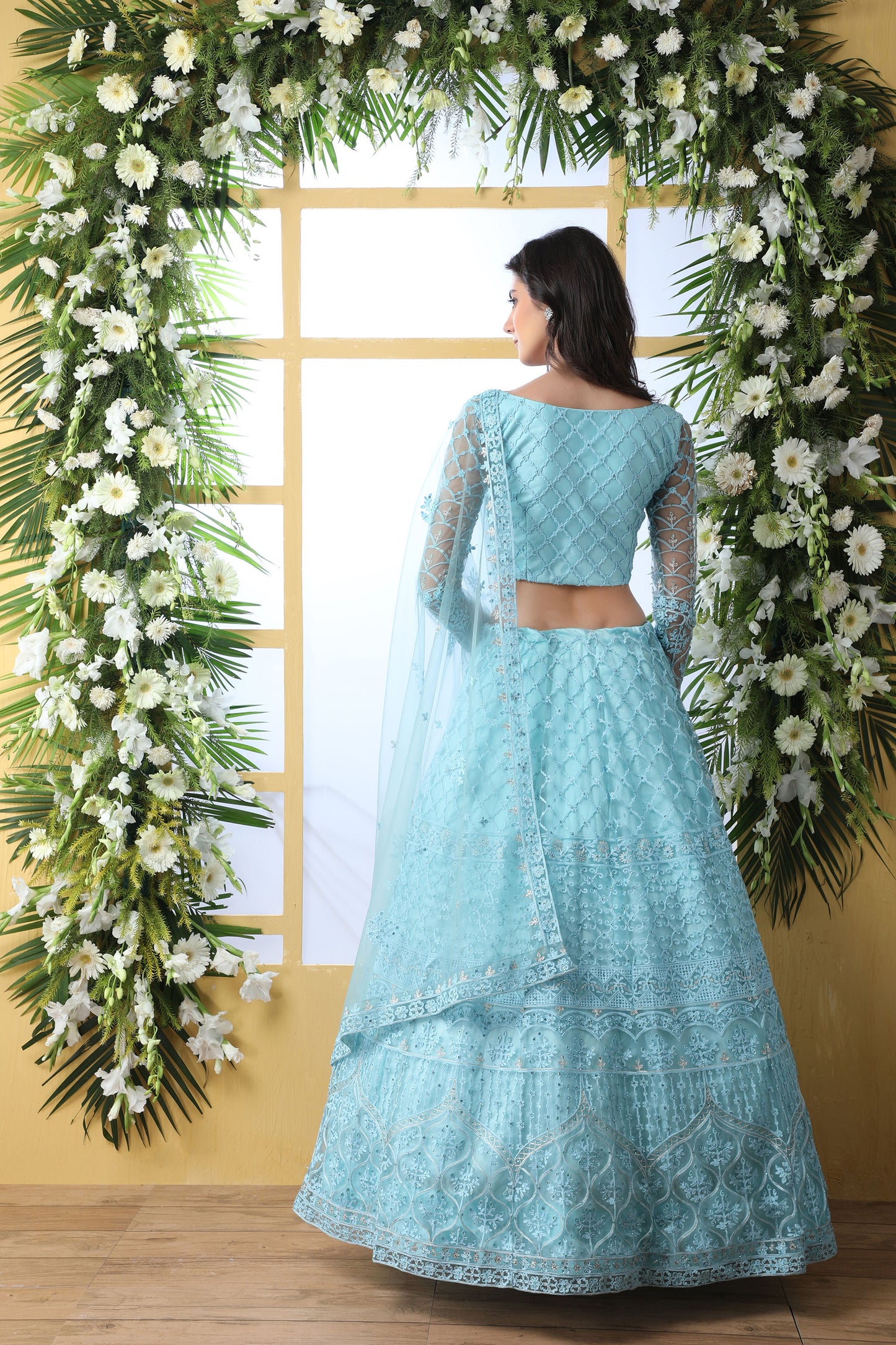 Sky Blue Color Net Embroidered Lehenga for Wedding Guest 1213