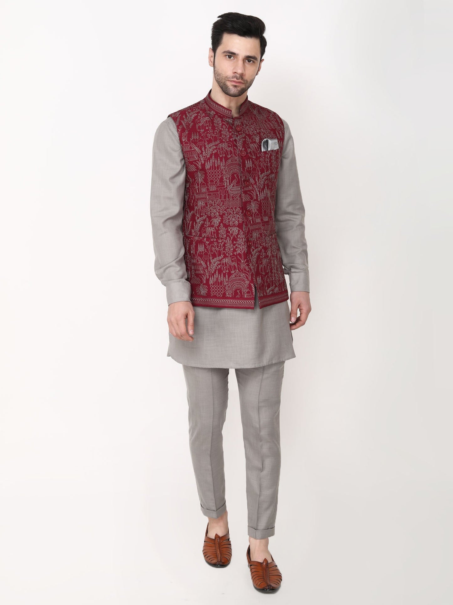 Maroon Nehru Jacket with Grey Kurta Pants-Plus