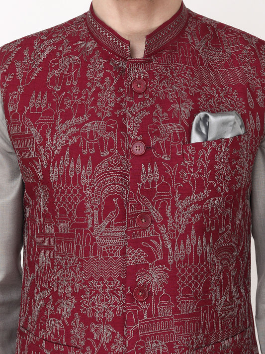 Maroon Nehru Jacket with Grey Kurta Pants