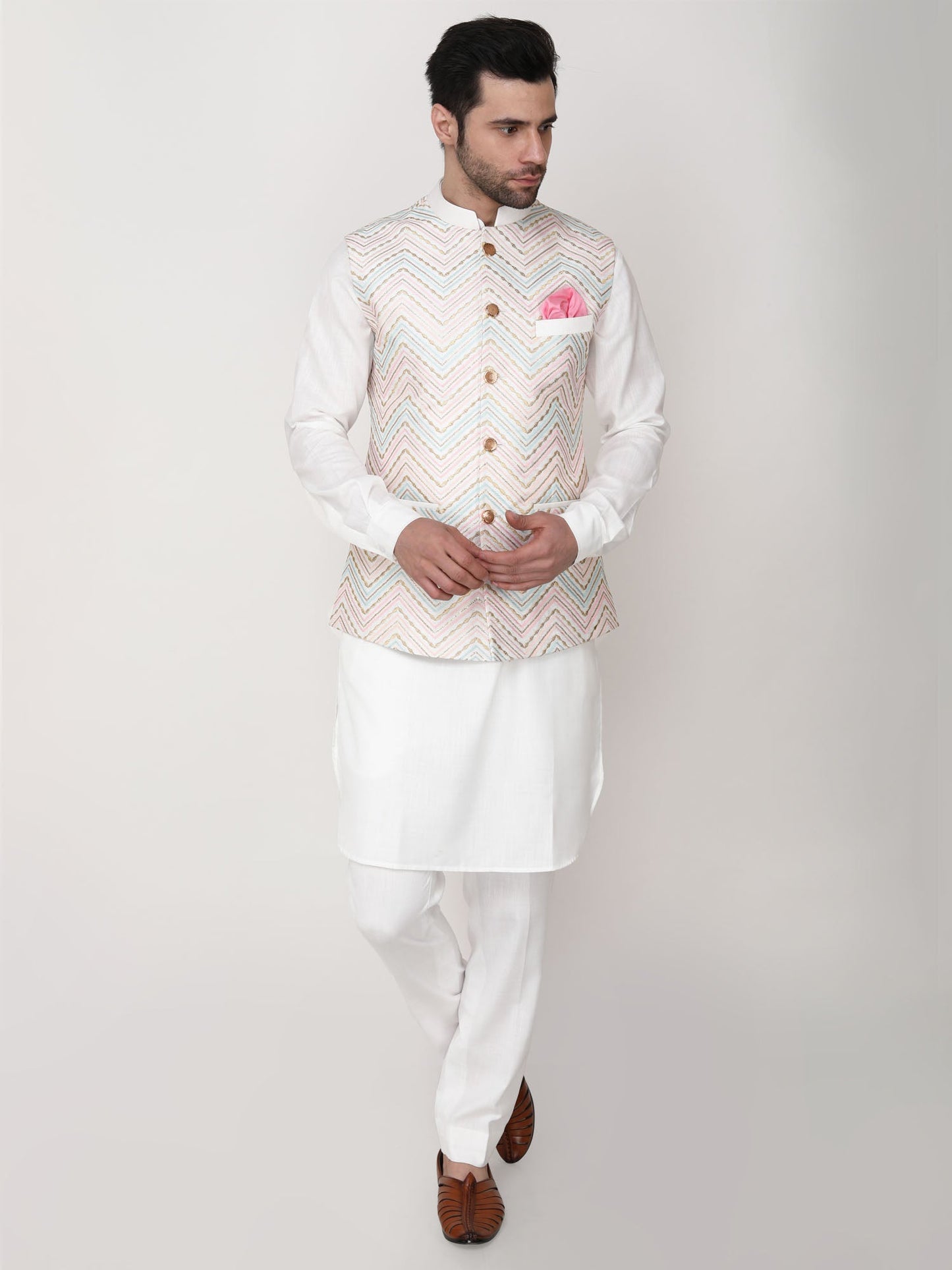 White Art Silk Nehru Jacket with Ruby Silk Kurta Pants-Plus