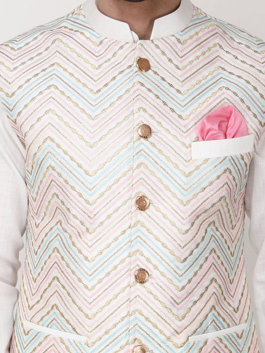 White Art Silk Nehru Jacket with Ruby Silk Kurta Pants-Plus