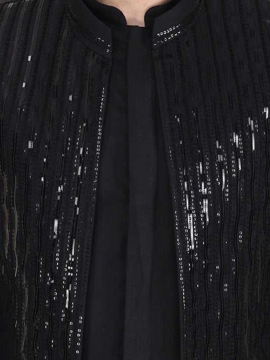 Black Ruby Silk Long line Bundi Jacket with Kurta Pants