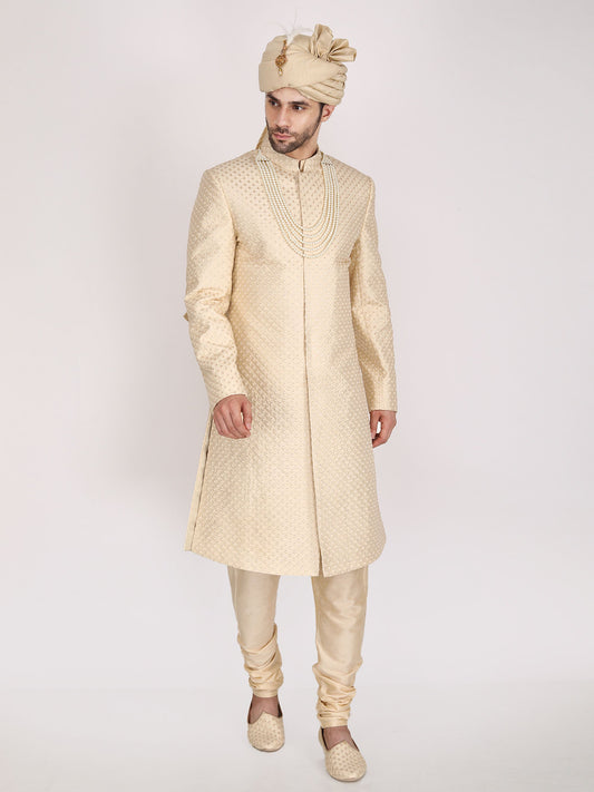 Gold Colored Art Silk hand embroidered Sherwani Set- Plus